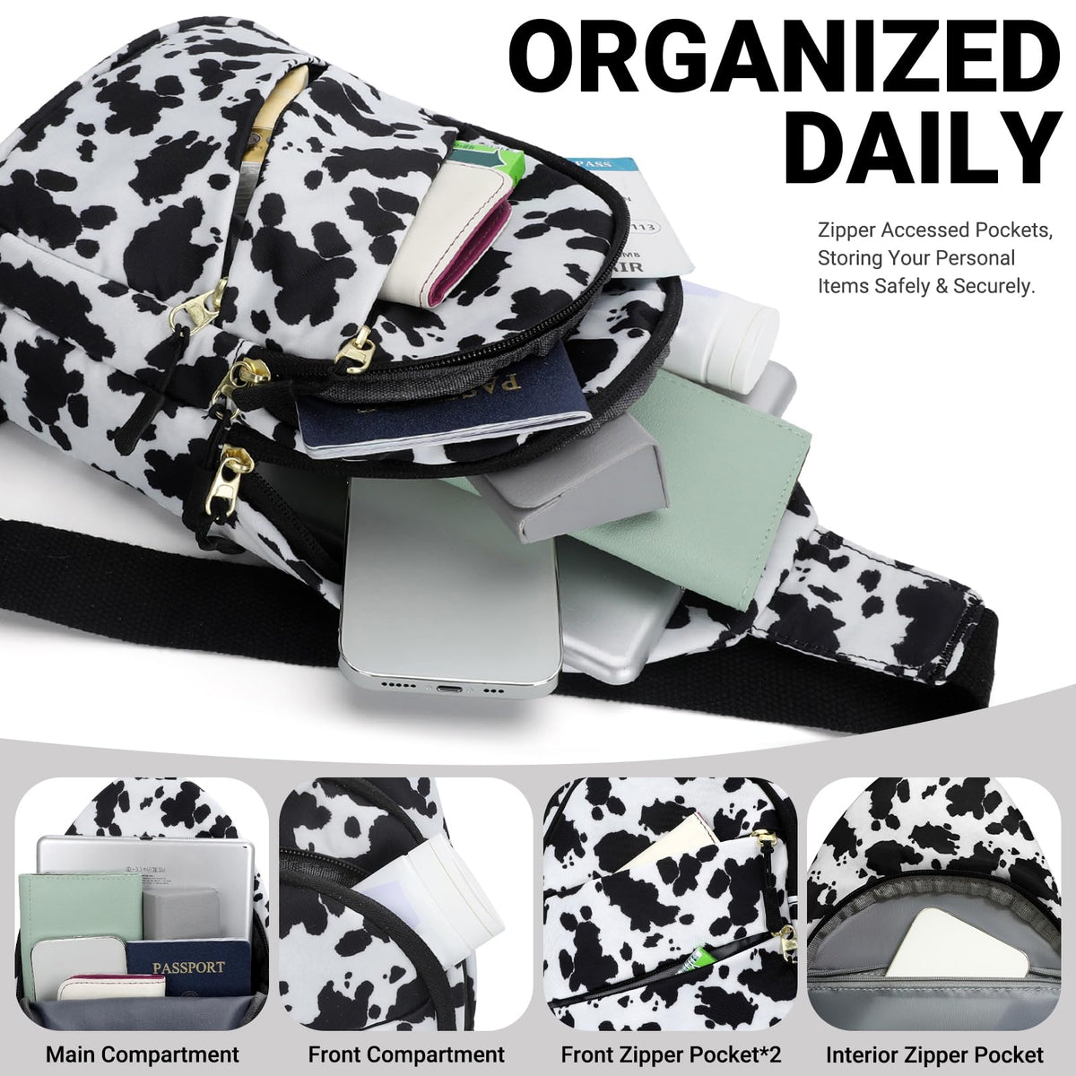Tuwubi Crossbody Bags for Women, Sling Bag for Men, Small Hiking Backpack Anti Theft Lightweight for Outdoors Travel （M, Cow Print）