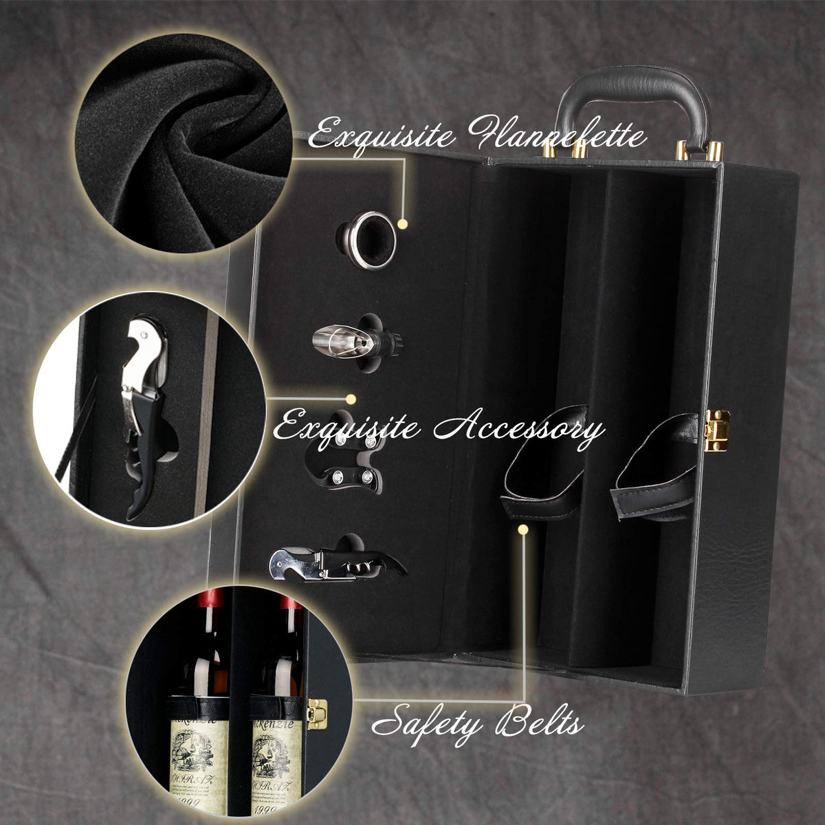 HiCrast Wine Box, 2-Bottle Leatherette Top Handle Wine Carrier Case With 4 Accessories