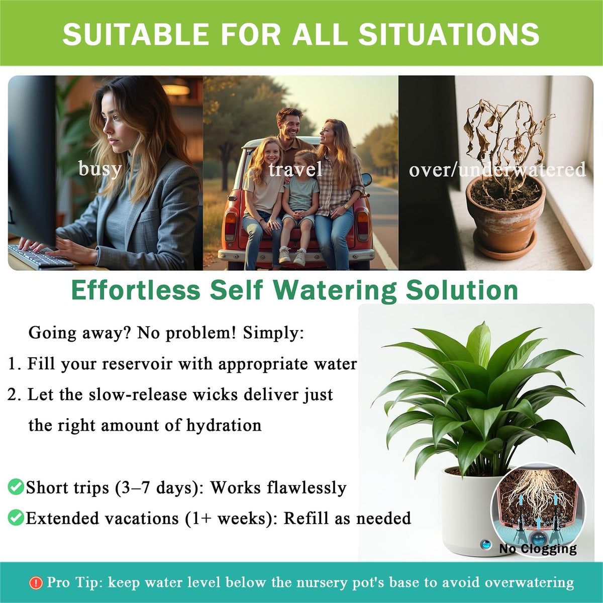 GreenShip 8 Pack Self Watering Planter Insert Watering Spikes, Watering Stakes with Wicking Rope, Plant Spikes for Indoor Outdoor Plants, Vacation Plant Watering Device for Planter Height 4.7" to 12"