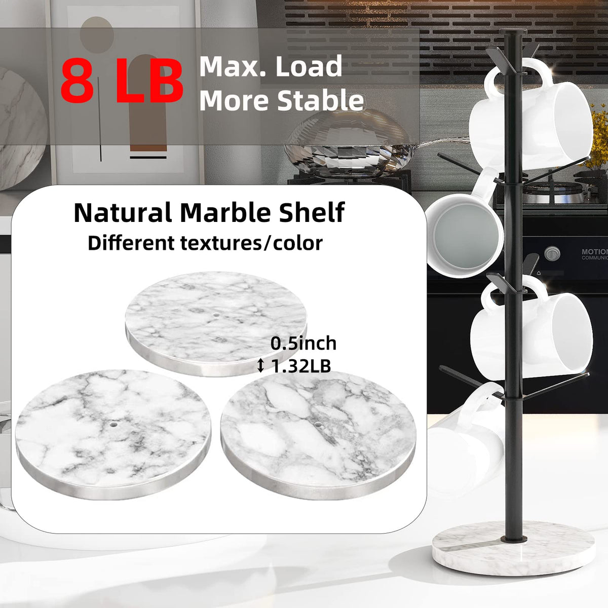Gypie Marble Mug Holder Tree, 8 Hooks Coffee Cups Stand, New Upgraded Stable Mug Stand for Kitchen Counter Cabinet Cafe Black