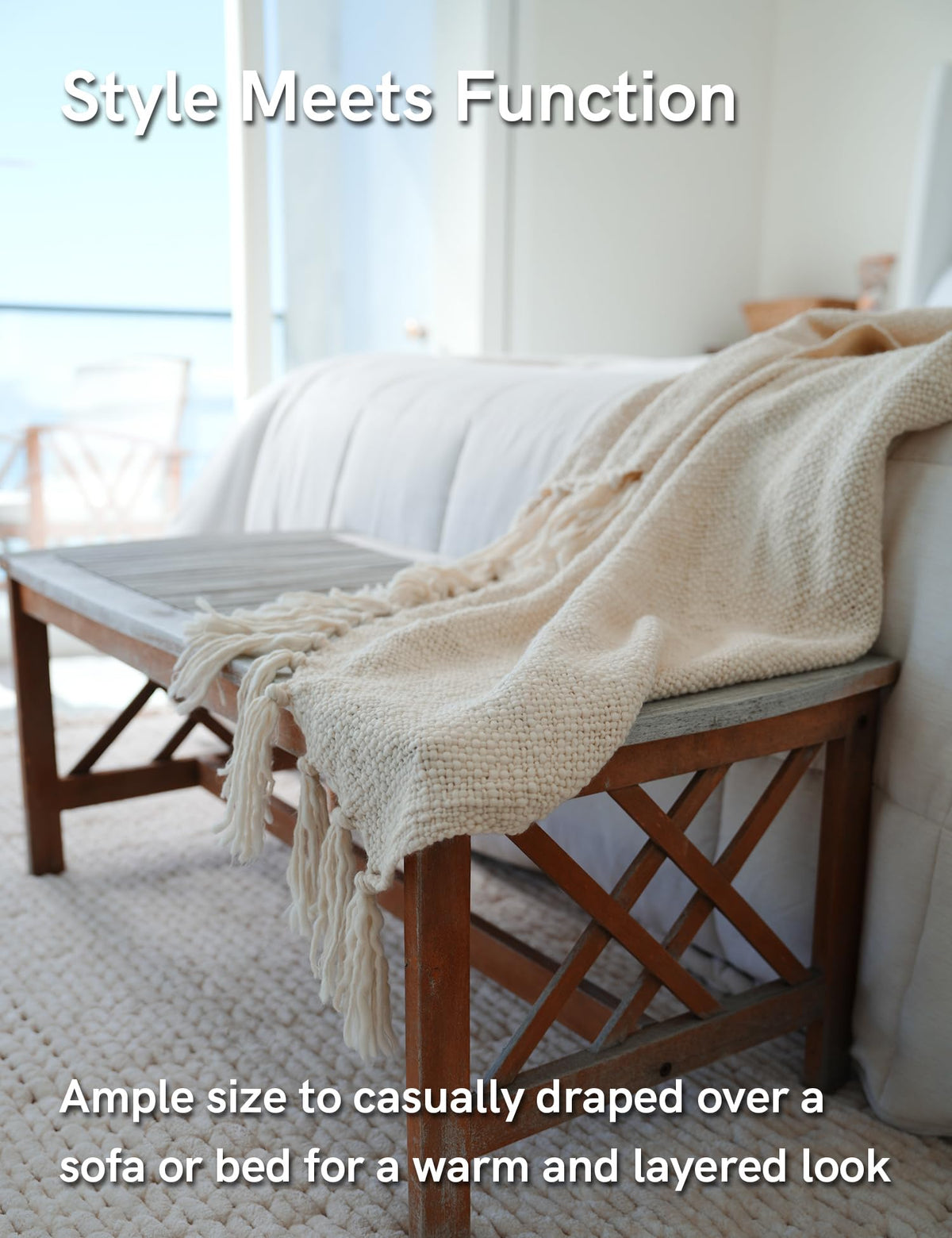 YnM Basketweave Knit Throw, Solid Neutral Vibe Textured Blanket with Tassel for Home Decor, 50 x 60 in, Cream