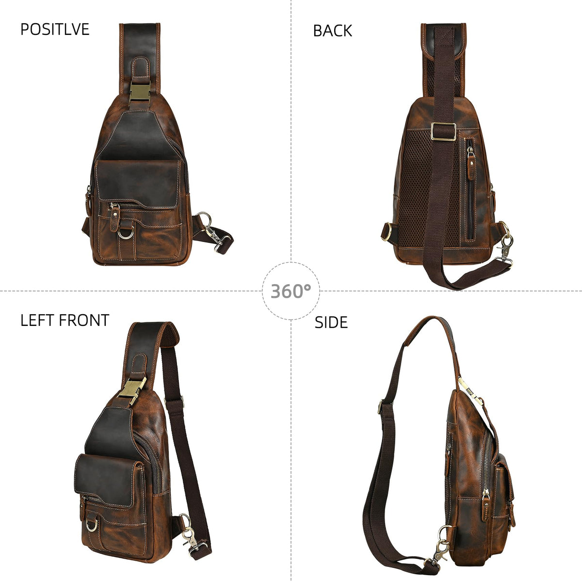 Handadsume Water Resistant Canvas + Leather Hiking Travel DayPack Sling Crossbody Triangle Chest Pack Bag For Men Women FB8013 (100% Genuine Leather-8015 Brown)