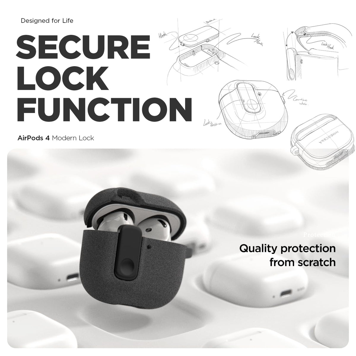 VRS DESIGN Modern Lock Case for Apple Airpods 4th Generation (2024), Rugged Protection with Secure Lock for Airpods 4 Case (Sandstone) [US Patent Registered]
