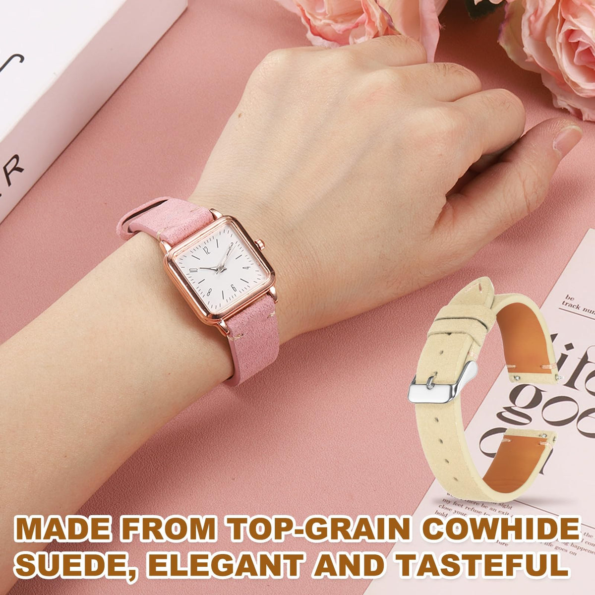 HARFINGTON Leather Watch Band 20mm Width Watch Strap Top-Grain Suede Cowhide Wrist Bands Replacement with Stainless Steel Buckle for Men Women, White
