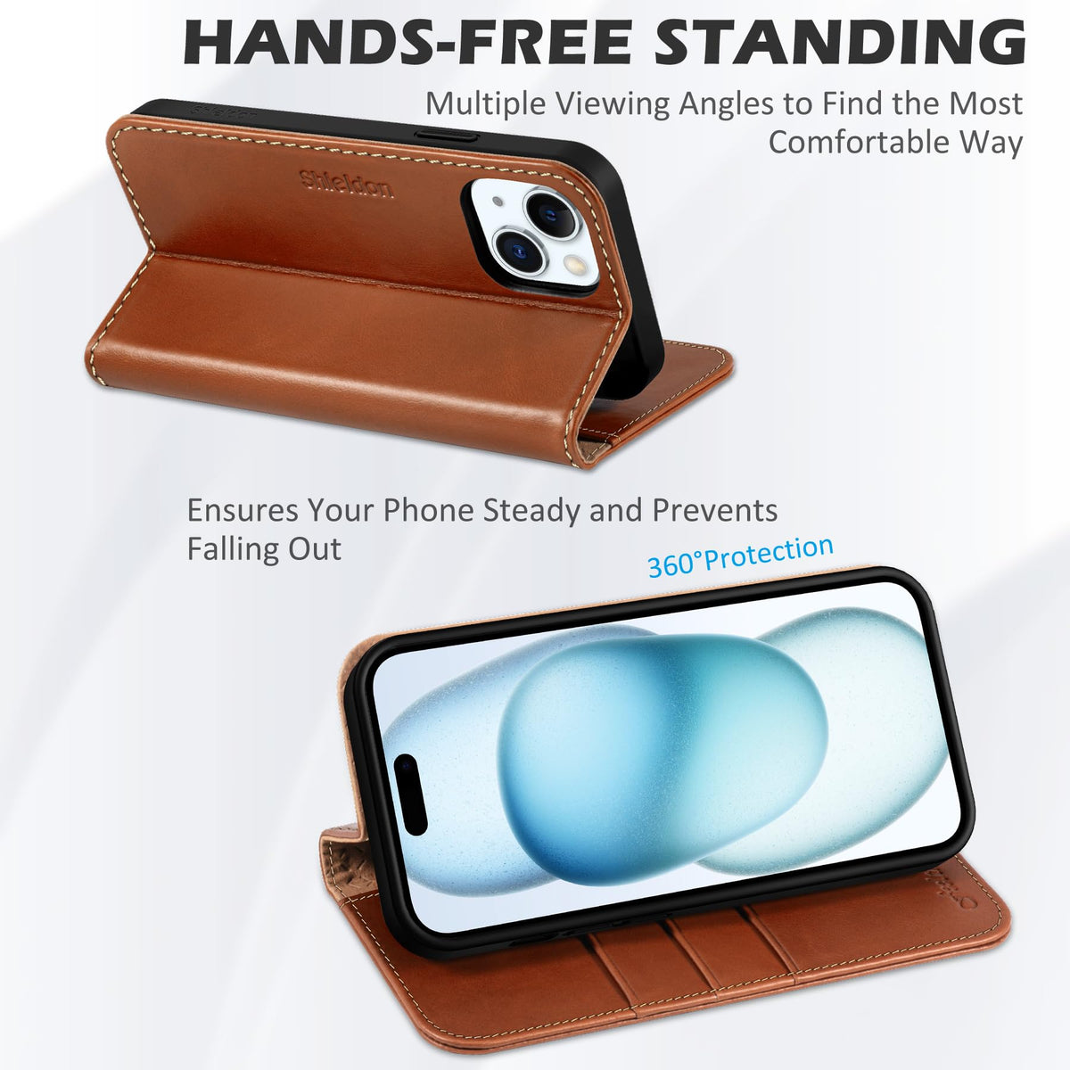 SHIELDON Case for iPhone 15 Plus 5G, Genuine Leather Wallet Magnetic Cover Kickstand RFID Blocking Credit Card Holder Shockproof Case Compatible with iPhone 15 Plus 6.7" 2023 - Retro Brown