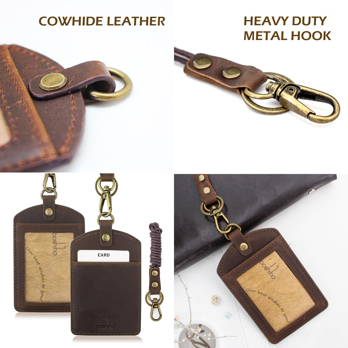 Badge Holder: Boshiho Cowhide Leather ID Badge Card Holder with 19" Neck Lanyard, Vertical Style (Dark Brown)