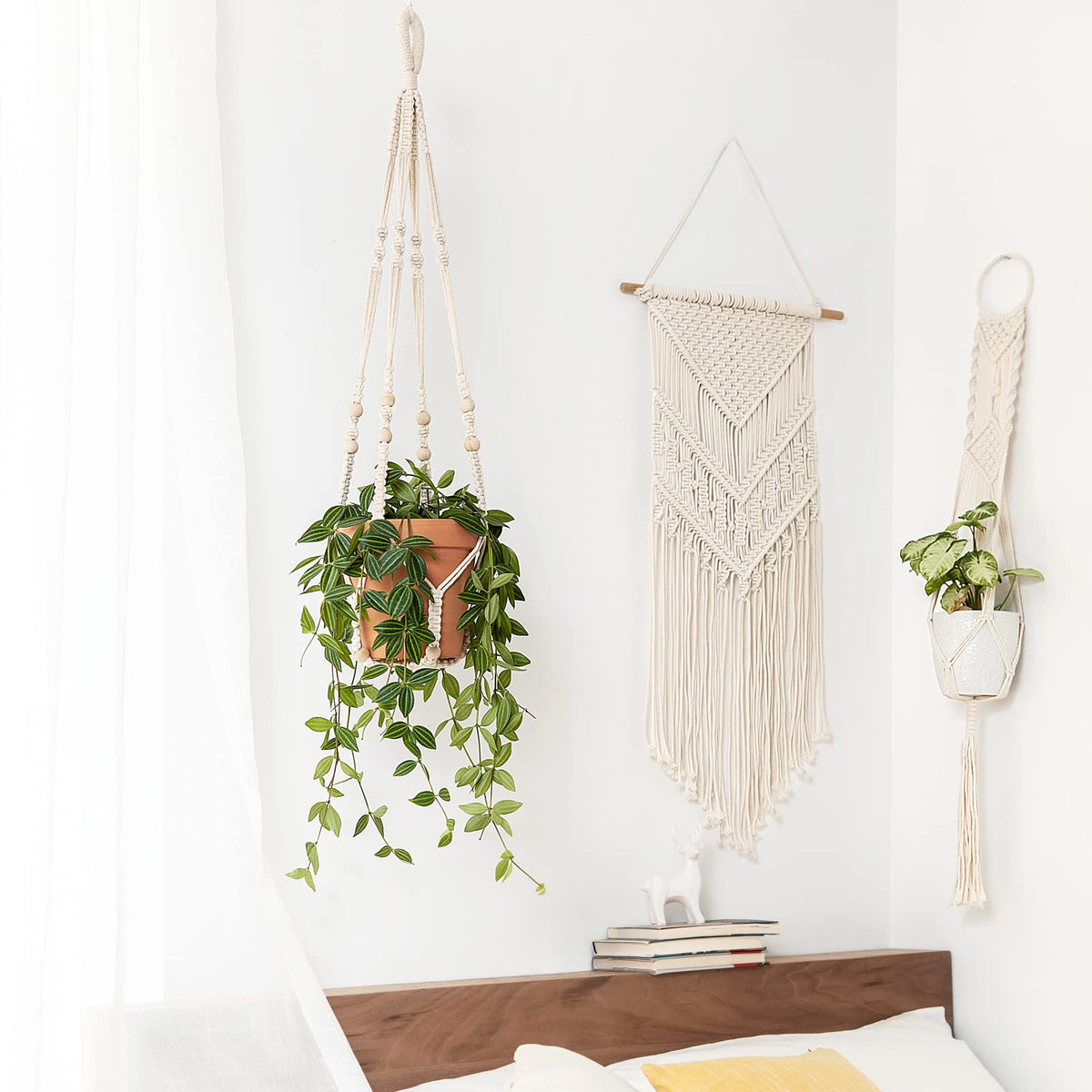 Mkono 35 inch and 41inch Macrame Plant Hanger Indoor Hanging Planter Basket with Wood Beads Decorative Flower Pot Holder for Indoor Outdoor Boho Home Decor (POTS NOT Included)