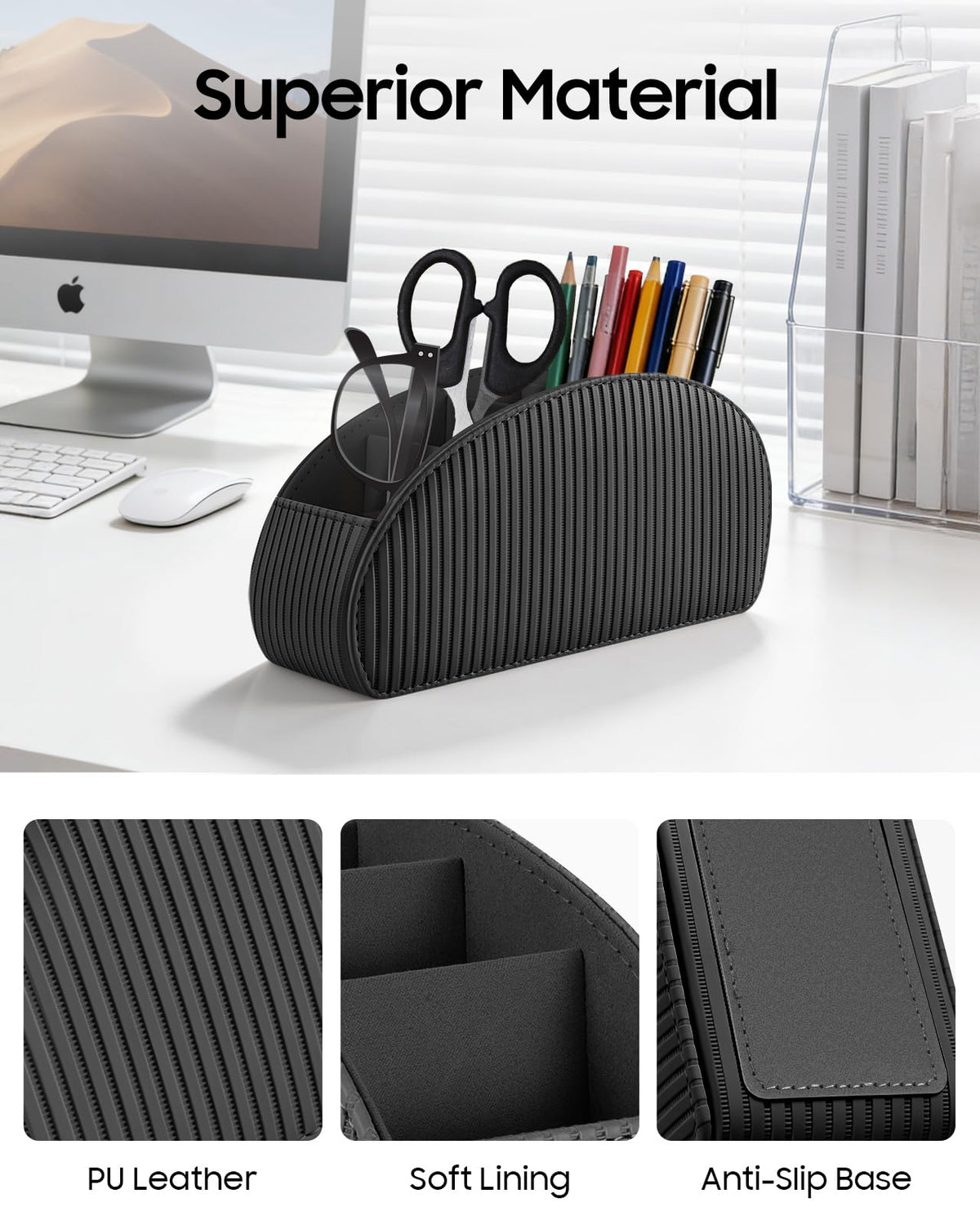 SITHON Remote Control Holder with 5 Compartments - PU Leather Remote Caddy Desktop Organizer Store TV, DVD, Blu-Ray, Media Player, Heater Controllers, Stripe Black
