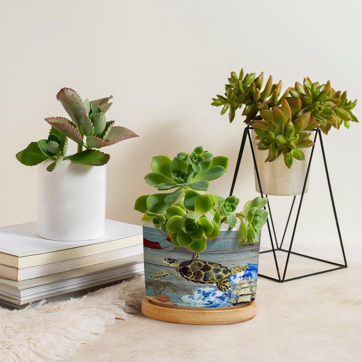 DreamAutumn Planters Ceramic Ocean Theme Sea Turtle Ceramic Pots with Drainage Holes Round Flowerpot Bamboo Tray Plant Pots for Succuelnt and Little Snake Plants Pots for Nana Mommy Grandma