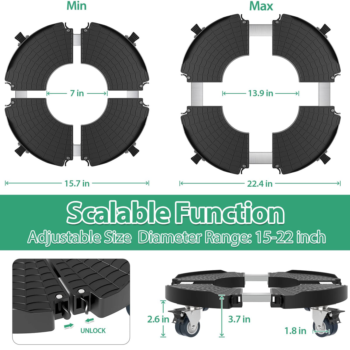 VANCASTLE Plant Caddy with Lockable Wheels Heavy Duty 450lbs Capacity, 15-22 Inch Adjustable Plant Stand with Wheels Rolling base, Plant Dolly for Flower Pot Mover Indoor Outdoor, Black, 1 Pack