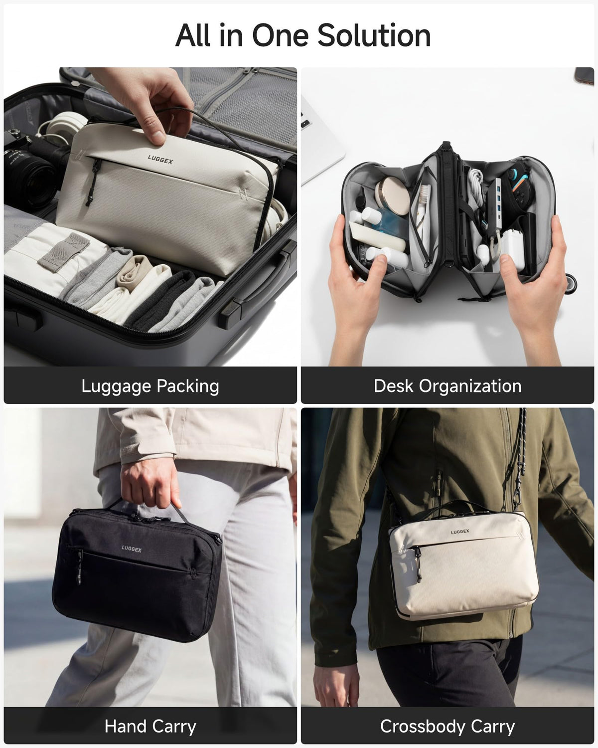 LUGGEX Large Tech Pouch, Cable Organizer Bag with Removable Crossbody Strap, Dual Accessories Bag & Water Resistant for Kindle, Chargers, Cord, Earphone for Travel Office All-in-One, Black