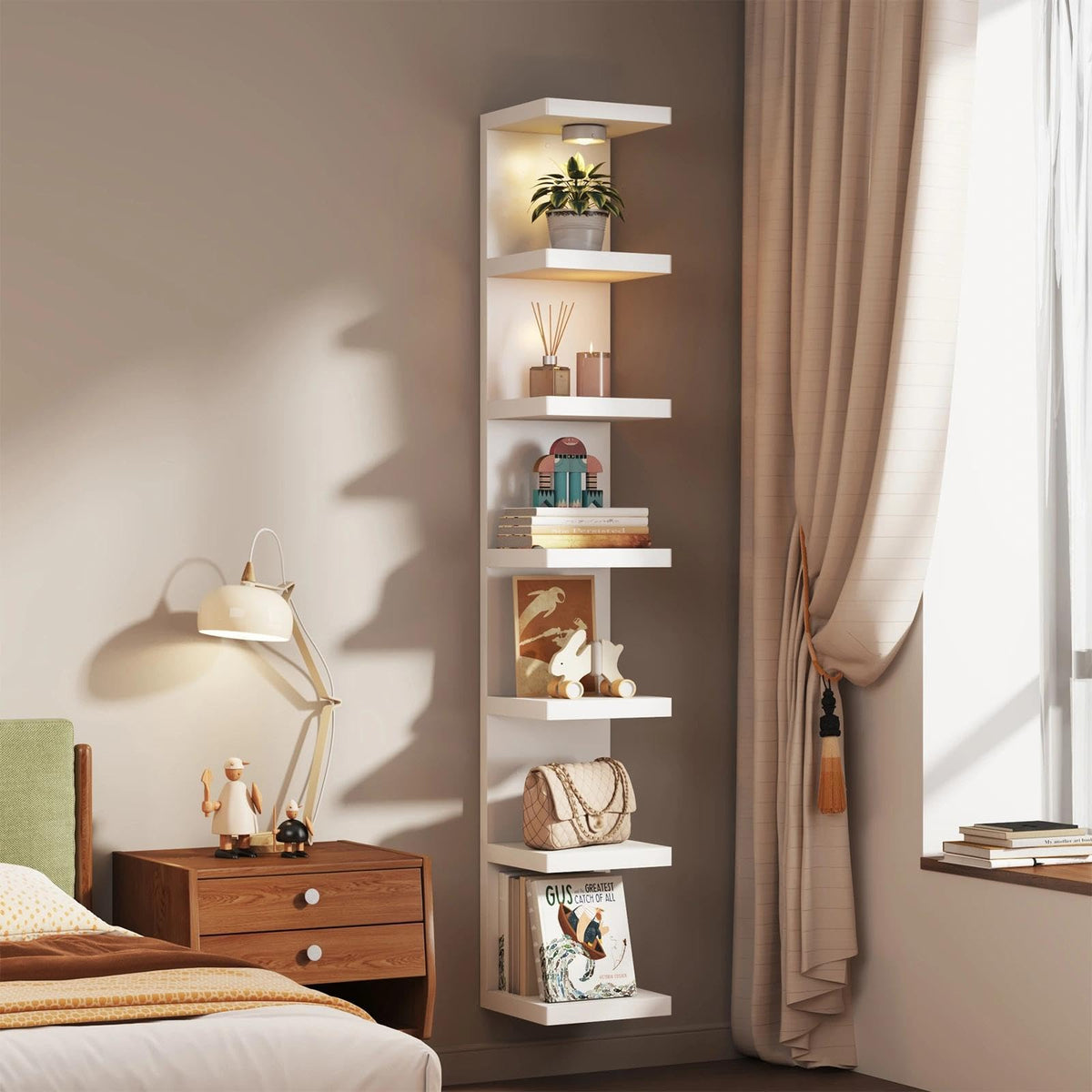 White 7-Tier Vertical Wall Shelf Unit with USB Rechargeable Led Light (Remote Controlled),Versatile Floating Display Shelves,Lack Style Wall Shelves for Bedroom,Living Room,Office Decor,Vanity