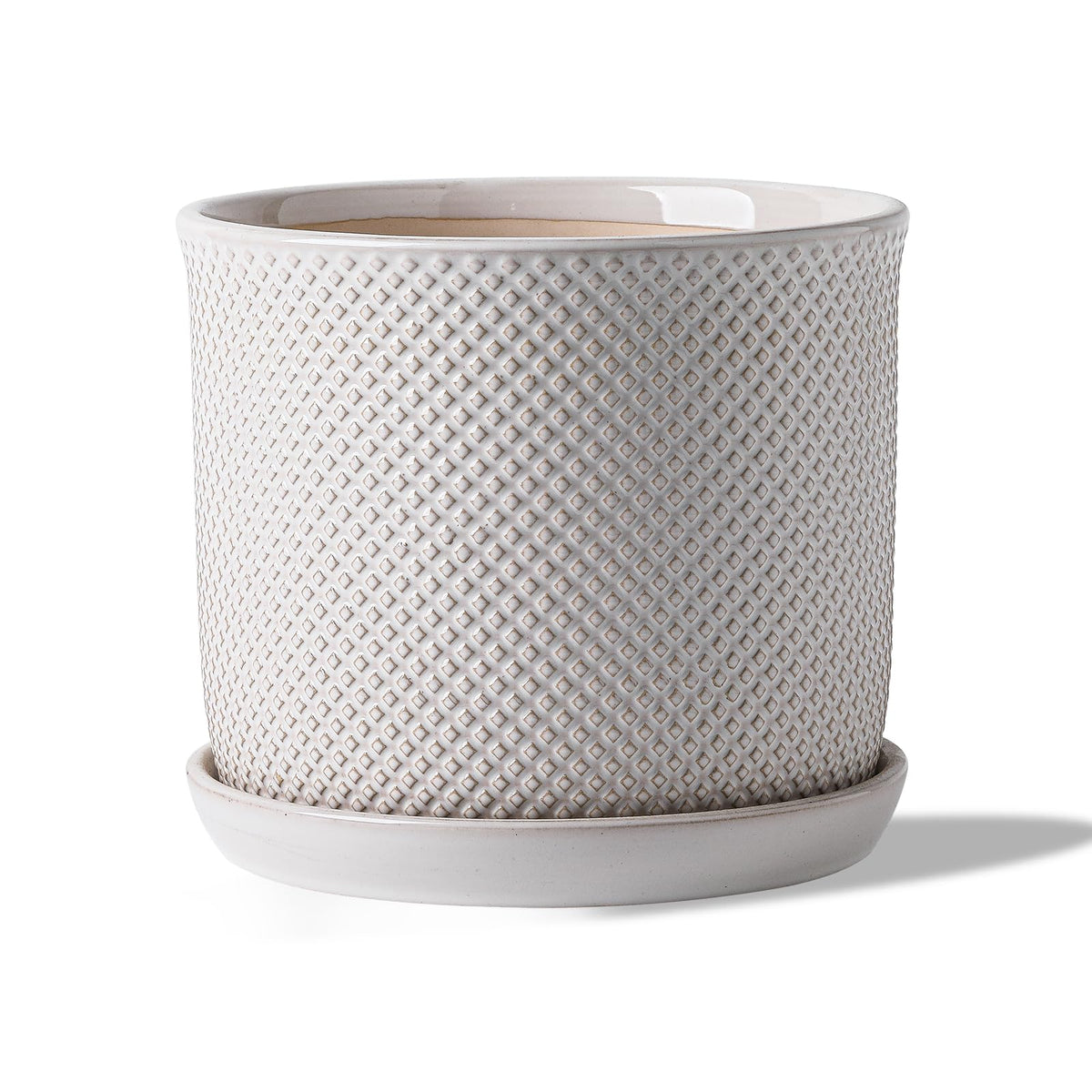 Chubacoo 8 Inch Plant Pot: Ceramic Planter with Drainage Hole & Saucer Indoor Outdoor Plants - Flowerpot with Bonded Tray for Home Office - Beaded Embossed Style, Cream White