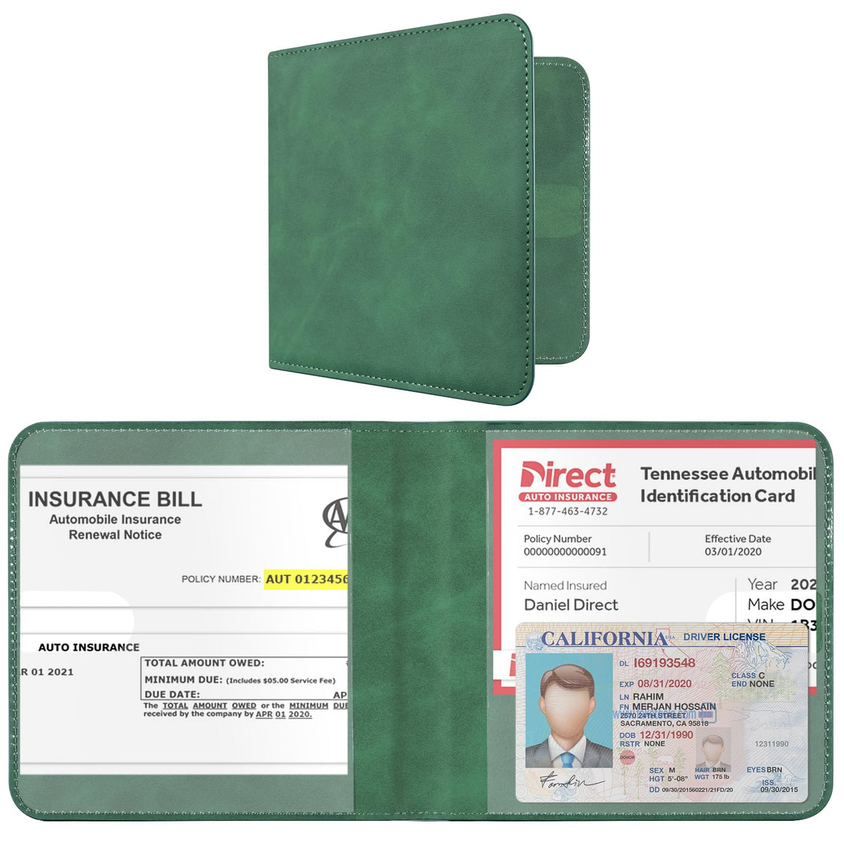 CoBak Car Registration and Insurance Holder - Small and Lightweight Vehicle Glove Box Car Organizer, Auto Truck Comparment Accessories Case for Essential Document, Driver License (Emerald)