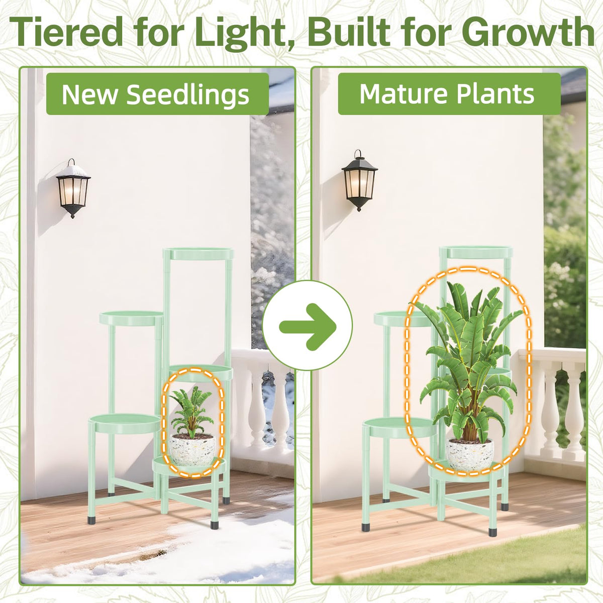 iDavosic.ly Plant Stand Indoor Outdoor, 5 Tier Corner Metal Flower Display Holder Shelf, Folding Tall Orchid Rack for Patio Balcony Porch Garden Living Room House, Light Green