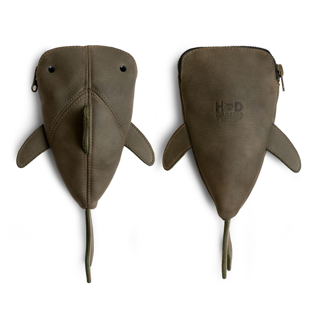 Hide & Drink, Full Grain Leather Zipper Coin Pouch, Change Bag, Pencil Purse, Scissors Case, Shark Shaped Cable Holder, Wallet, Makeup, Stuffed Animal, Handmade, Dark Jade