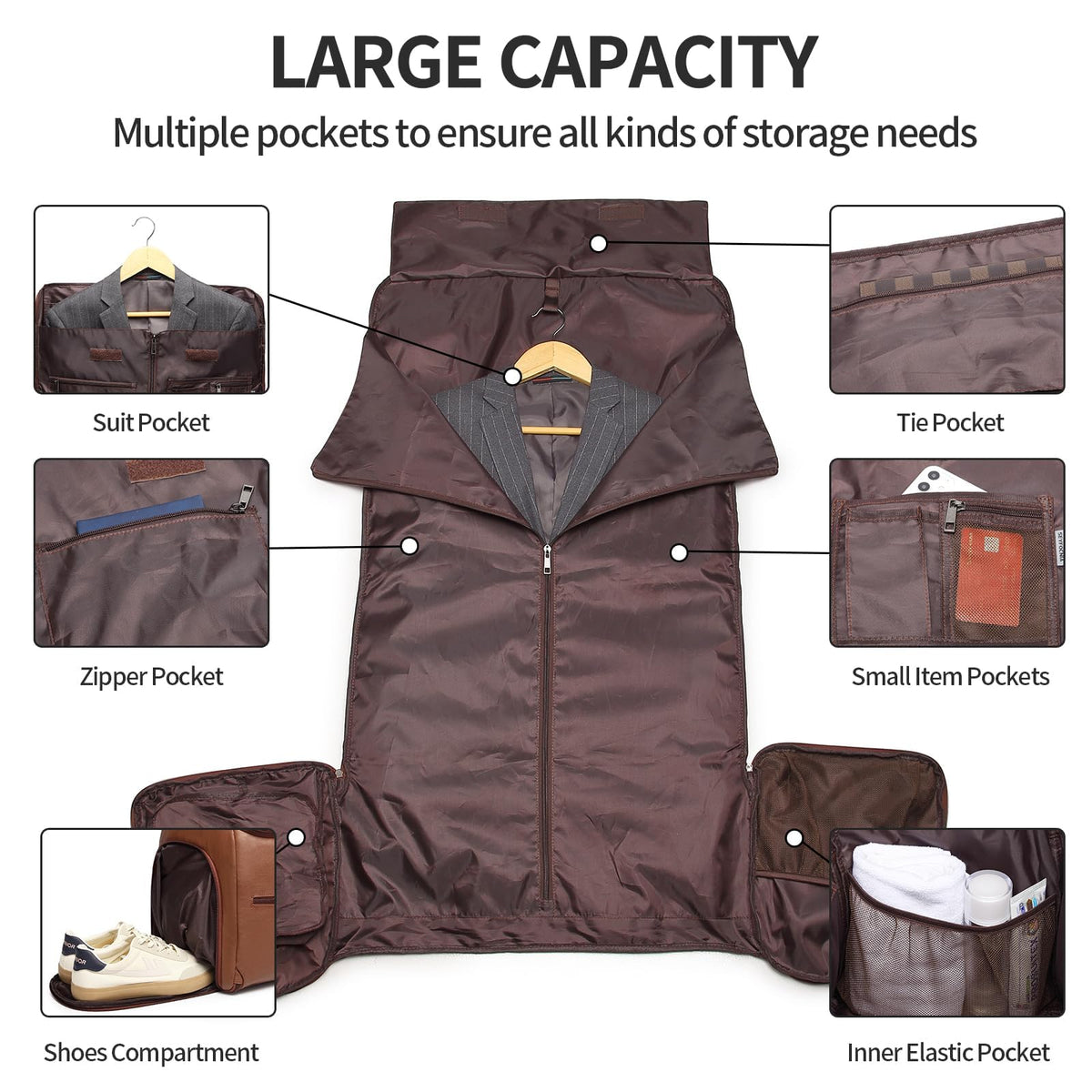 Seyfocnia Rolling Garment Bag With Wheels - Overnight Carry On Suitcase With Shoe Compartment - Convertible Duffle Bag for Travel - Brown