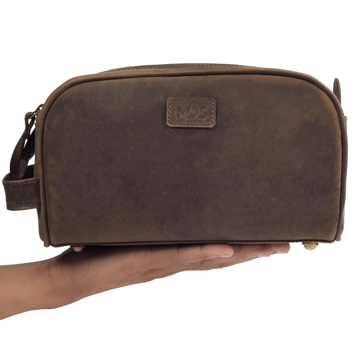 mds Genuine Leather Toiletry Bag for Men - Rustic Classic Vintage Handcrafted Full-Grain Leather Travel Dopp Kit with Waterproof Lining & Handle, Shaving & Grooming Kit Organizer Pouch - Rustic Brown