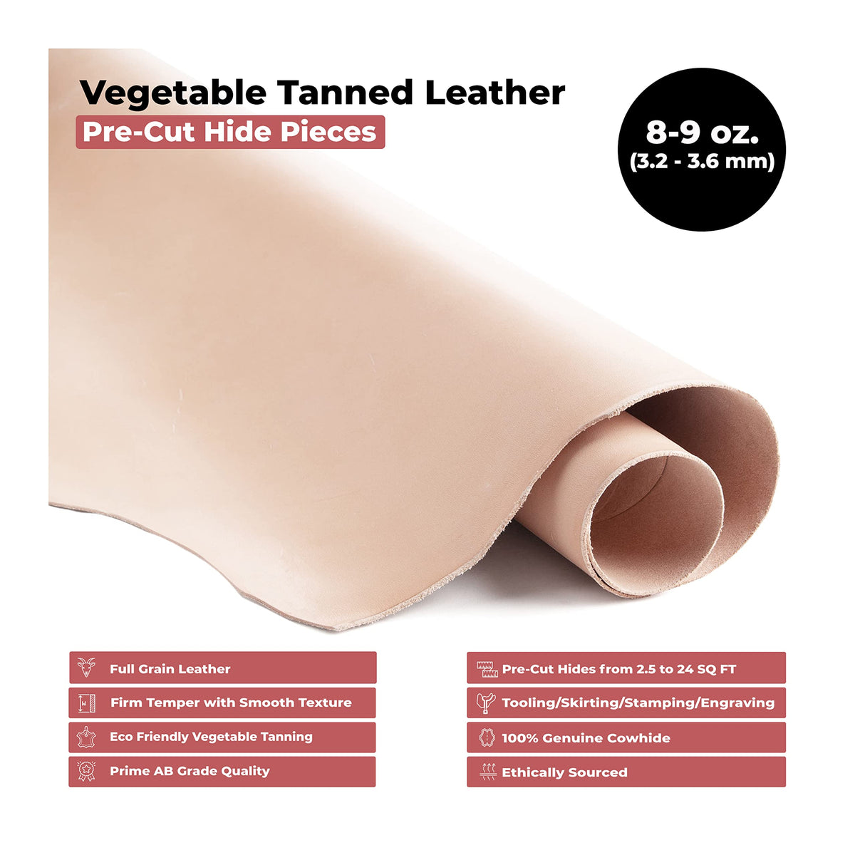 ELW Vegetable Tanned Leather 8-9 Oz. (3.2-3.6mm) Thickness | Pre-Cut 12"x24" | Tooling Leather Cowhide - Full Grain Leather Good for Crafting, Saddlery, Home Decor, Holsters, Knife Sheaths, Stamping