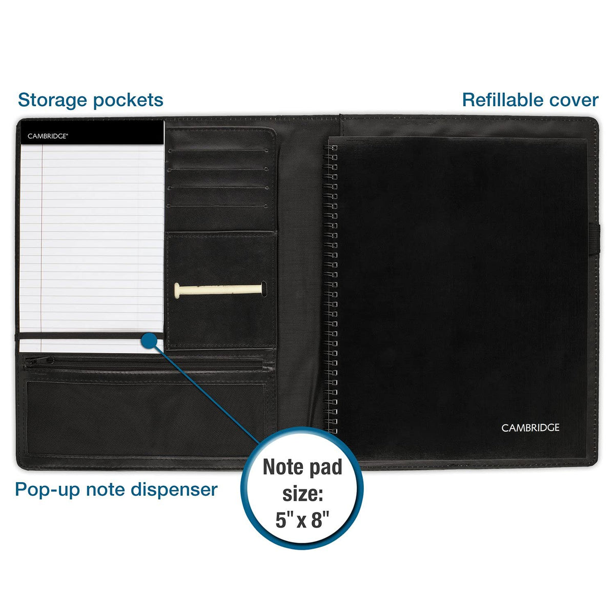 Cambridge Limited Business Notebook, 8-1/2" x 11", 50 Sheets, NoteTaker Portfolio and Refillable Notebook with 5" x 8" Notepad and Business Card Pocket, Zipper Mesh Pocket, Black (06126)