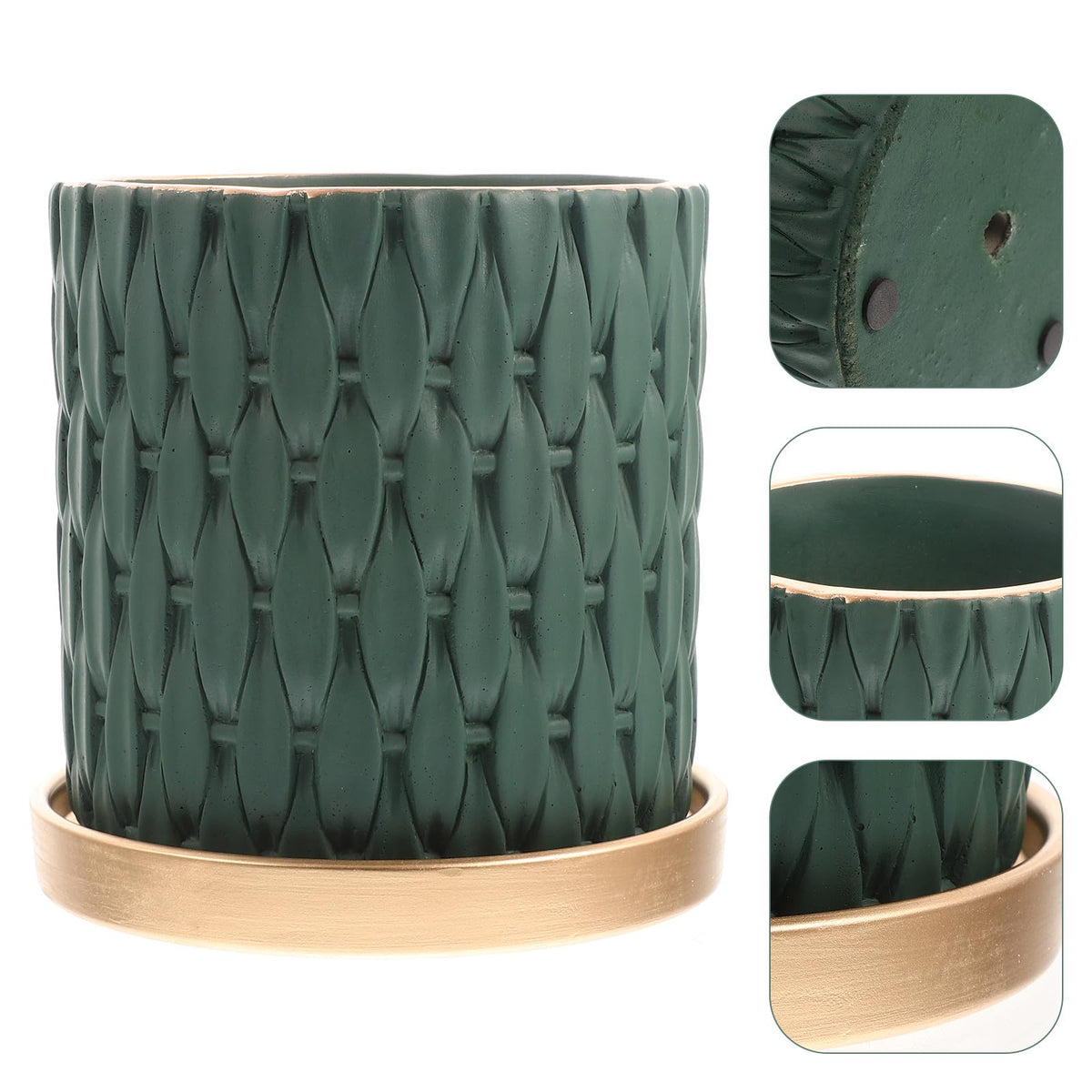 TIDTALEO European Style Cement Woven Pattern Plant Pot with Drainage Tray, Outdoor Indoor Nursery Flower Planter in Dark Emerald and Metallic Tray, Garden Planting Accessory for Patio