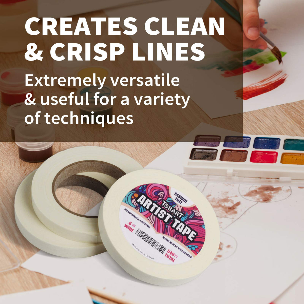 TSSART 3 Pack White Artist Tape - Masking Artists Tape for Drafting Art Watercolor Painting Canvas Framing - Acid Free 0.6inch Wide 540FT Long Total