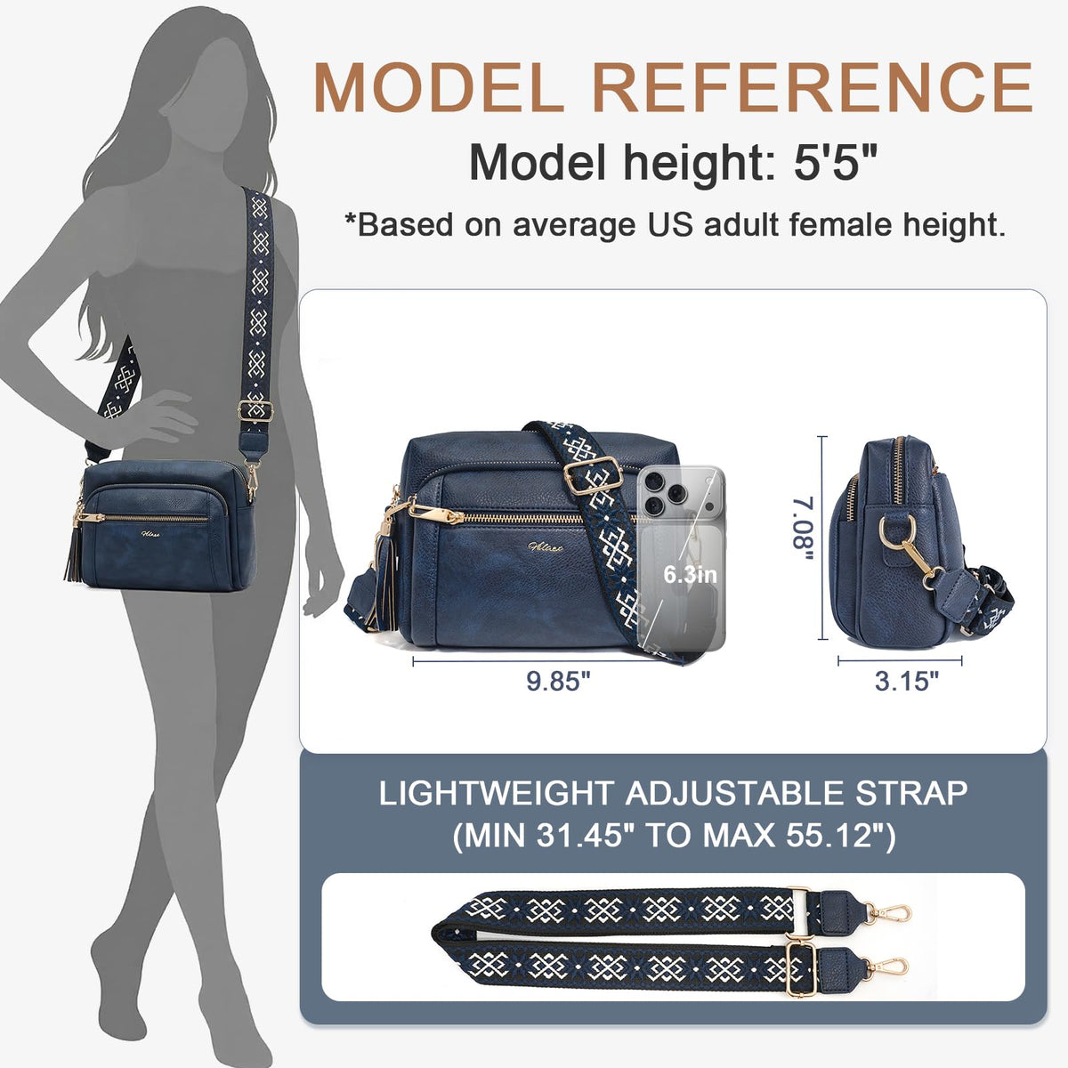HILAEX Small Leather Crossbody Bags for Women Anti theft Purses and Handbag Shoulder Hangbag with Wide Strap Tassel Navy Blue