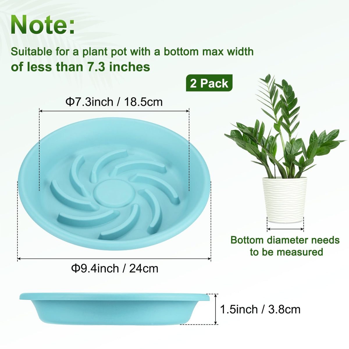 M METERXITY 2-Pack Plant Saucers, 7.3 Inch ID Anti-Rot Root Resin Flower Pot Plant Saucers for Indoor/Outdoor, Flowerpot Drip Tray [9.4 Inch OD, Light Blue]