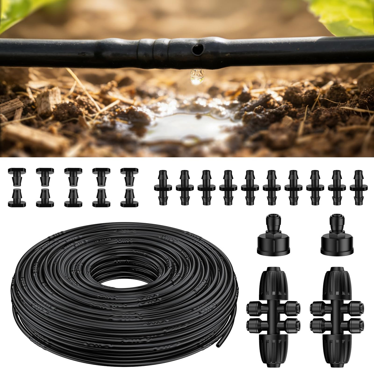 Pawfly 200 ft 1/4 Drip Irrigation Tubing, 1/4" Emitter Tubing with 6" Spacing, Polyethylene Drip Line with 24 Parts, Black Distribution Tubing for Drip Irrigation System, Drip Irrigation Hose Roll