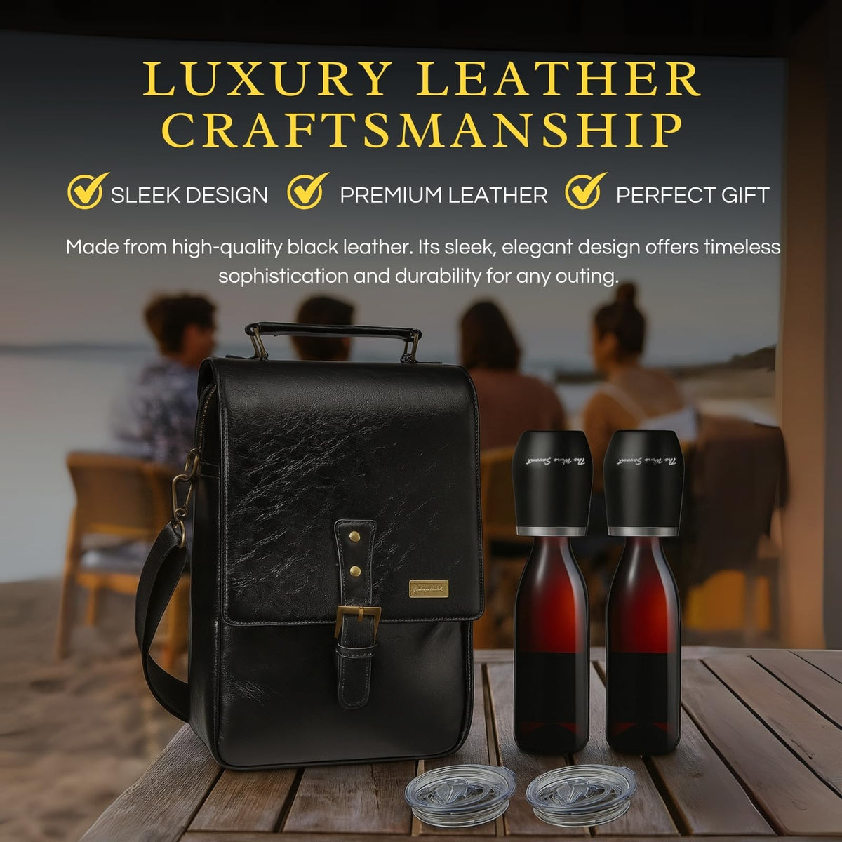 2 Bottle Insulated Wine Tote Bag with Tumblers, Leather Carrier Purse with Dividers, Leakproof Cooler, Adjustable Shoulder Strap & Pockets, Travel, Picnic, Beach, Hiking, Gift for Men & Women