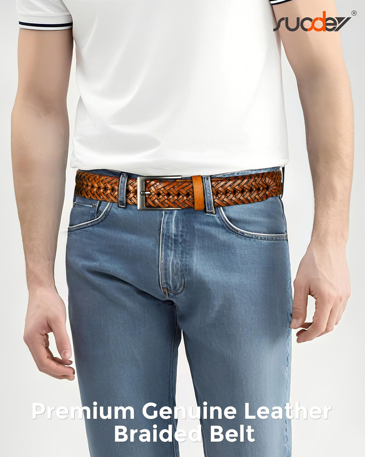 SUOSDEY Braided Genuine Leather Brown Belt for Men, 1.2" Width Men’s Casual Woven Leather Belt for Jeans Pants