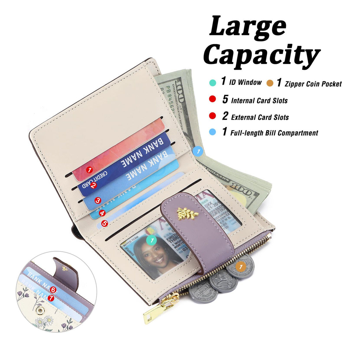 GAEKEAO Small Wallets for Women RFID Blocking Leather Bifold Zipper Pocket Wallet Credit Card Holder with ID Window