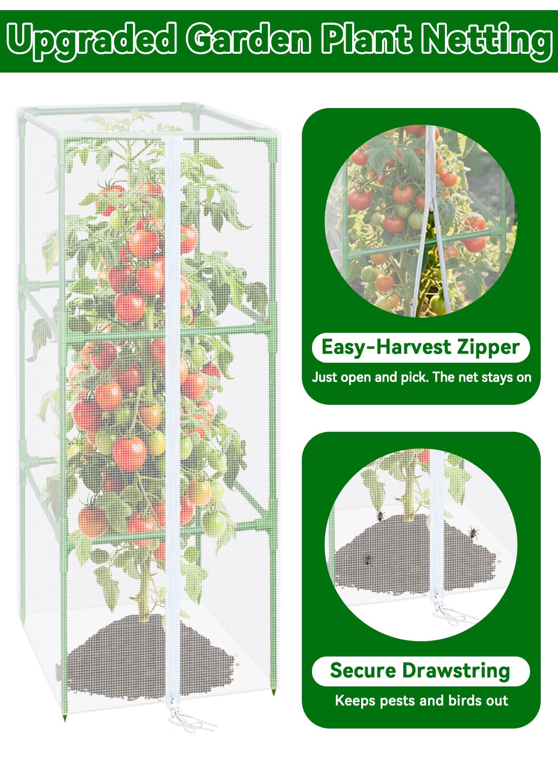 ZeeDix 43.3" x 16.1" Garden Bird Netting for Square Tomato Cage, 4 Pack Garden Mesh Barrier, Plant Covers Protect Tomatoes, Vegetables, Blueberry Bush from Birds & Pests