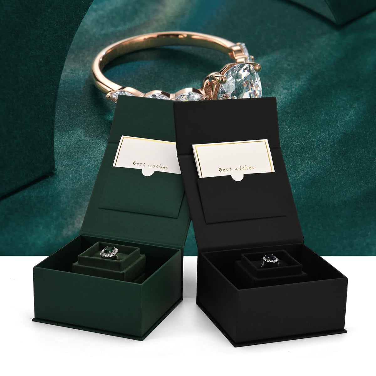 Woodten High-end Faux Leather Jewelry Gift Box with Small Ring Box Greeting Card Small Proposal Engagement Ring Box(Green)