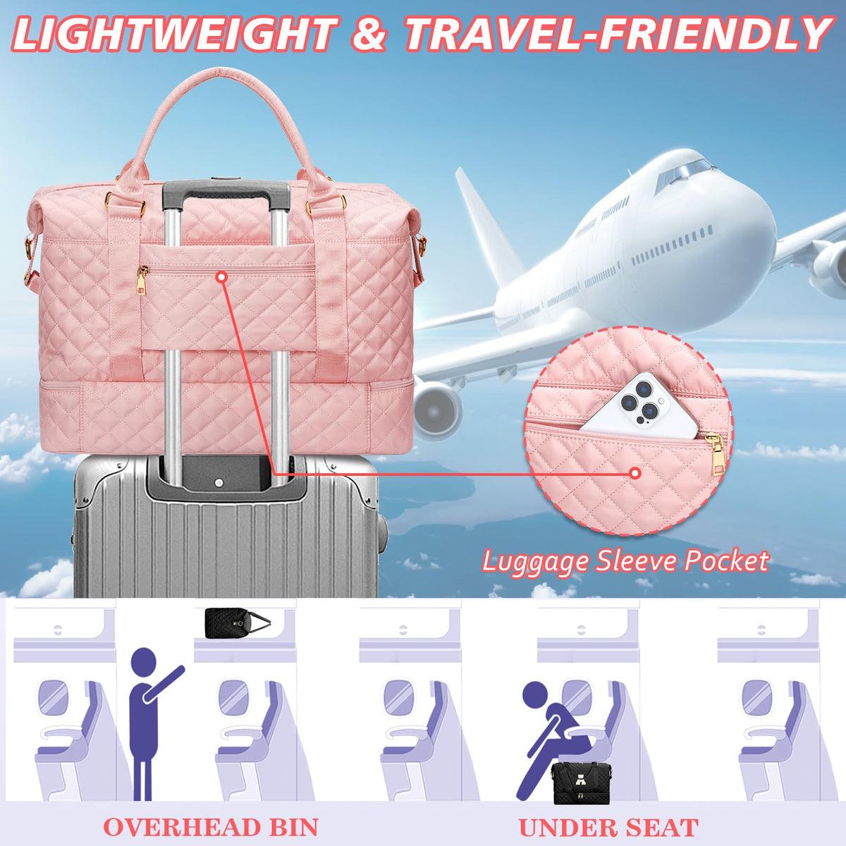 CLOUDWINGS Gifts for Women Girls Initial Travel Duffle Bag Quilted Weekender Carry-On Overnight with Cosmetic Bag, Gym Bag with Shoe Compartment, Pink K