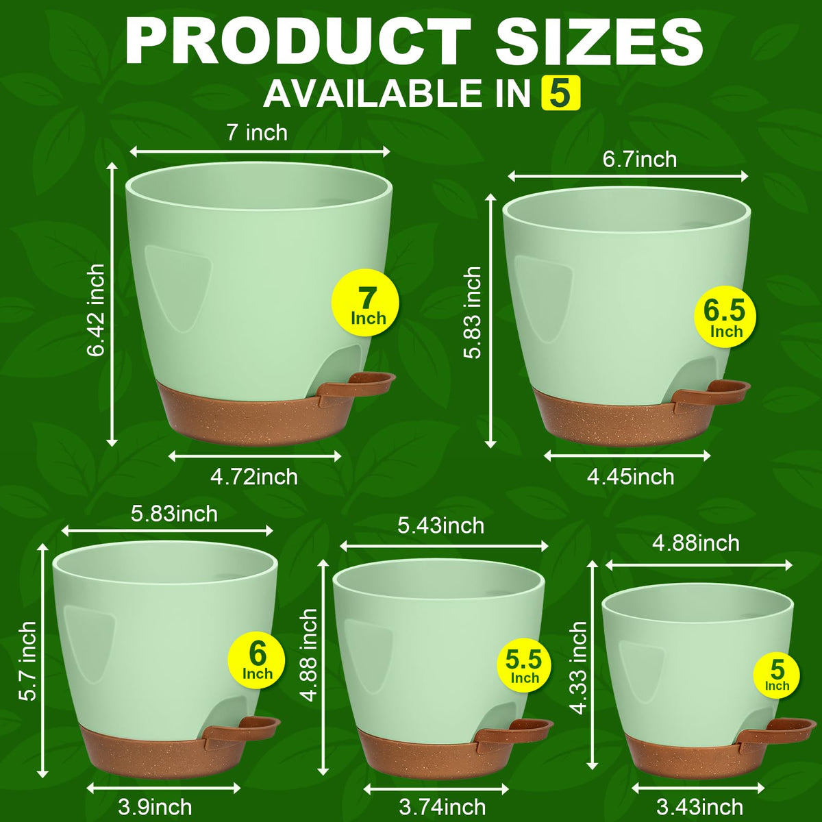 5-Pack Plant Pots with Drainage 7/6.5/6/5.5/5 Inch Self Watering Pots for Indoor Outdoor Plants, Plastic Flower Pots with Drainage Holes and Removable Saucers, Plant Pots with Wicking Rope (Green)