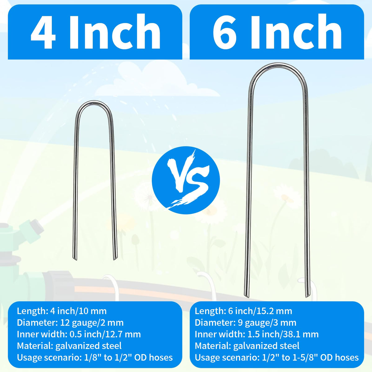 MySit 200 Pack 4 Inch Garden Stakes, Galvanized Drip Irrigation Stakes U Shaped Landscape Staples Ground Stakes for 1/8" to 1/2" Soaker Hose,Irrigation Tubing, Garden Hose, Weed Barrier