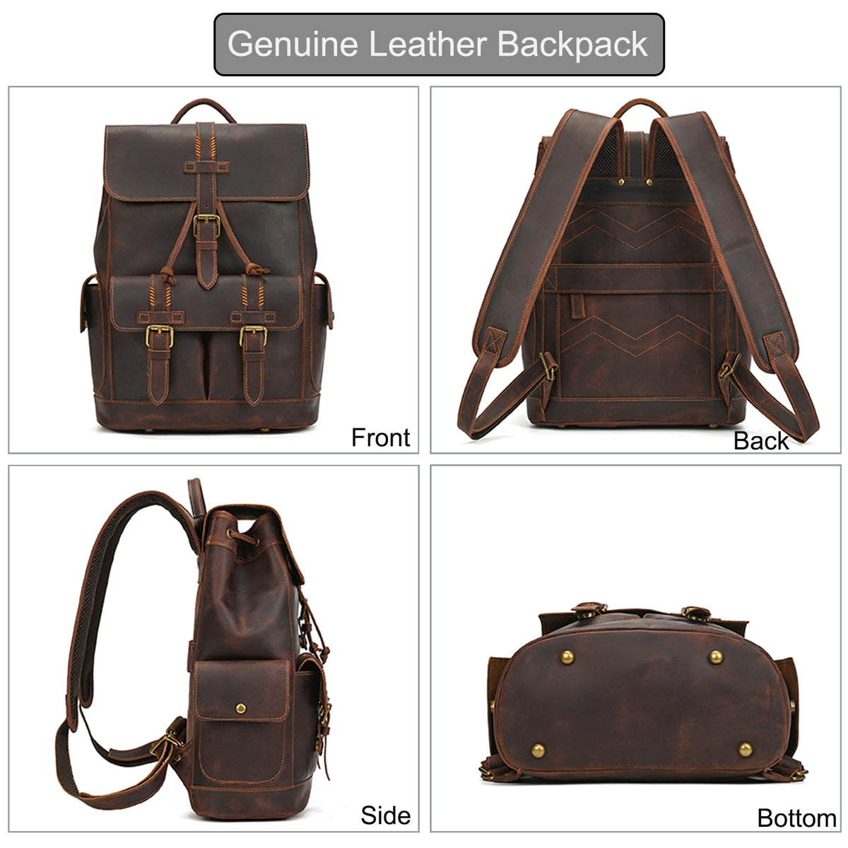 LUUFAN Genuine Leather Backpack for Men Casual 15.6 Inch Laptop Shoulder Bag Rucksack with Anti-Theft Pocket Travel Daypack, Coffee