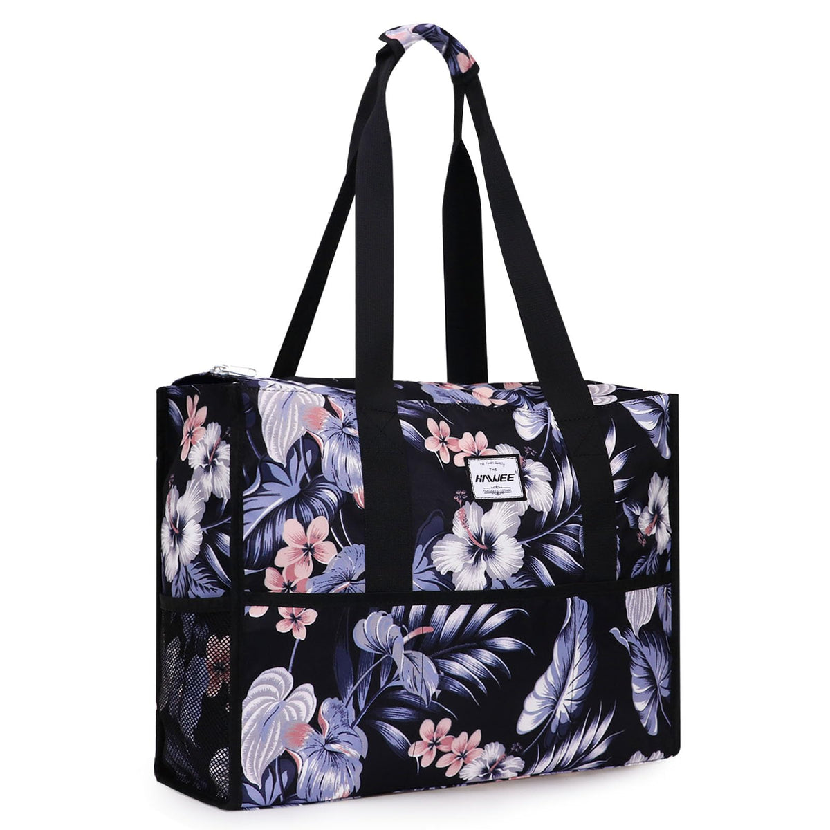 HAWEE Utility Zippered Tote Bag with Laptop Compartment and Luggage Sleeve for Nursing Work Travel 15 Pockets Water Repellent Commuter Bag, Hibiscus