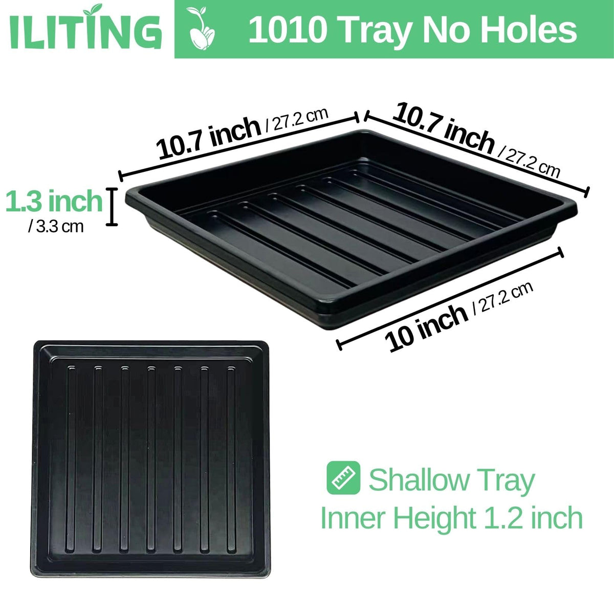 ILITING Plant Growing Trays for Seedlings Microgreen Seed Starter Shallow Plants Tray Drip Tray Standard 1010 Tray No Holes 10 Pack Black 10.7 x 10.7 inches Square Trays