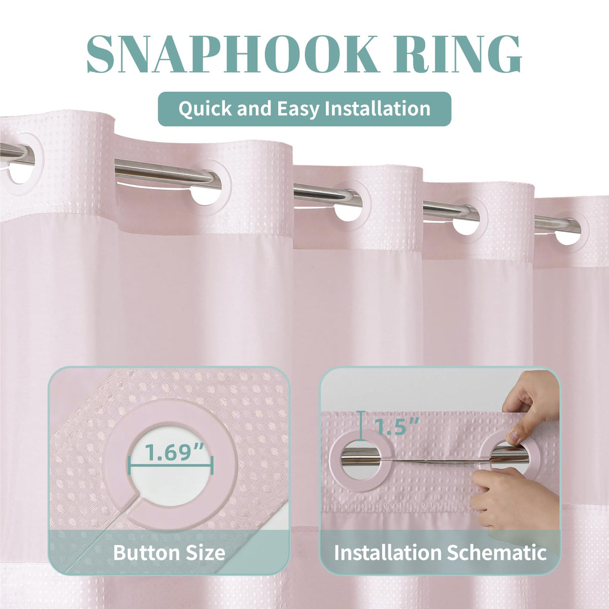 eachope BlushPink Long No Hook Waffle Weave Shower Curtain with snap-in Liner Replacement, 230GSM Waterproof Fabric Hotel Shower Curtain Set for Bathroom, Through Mesh Top Window,71Wx80H