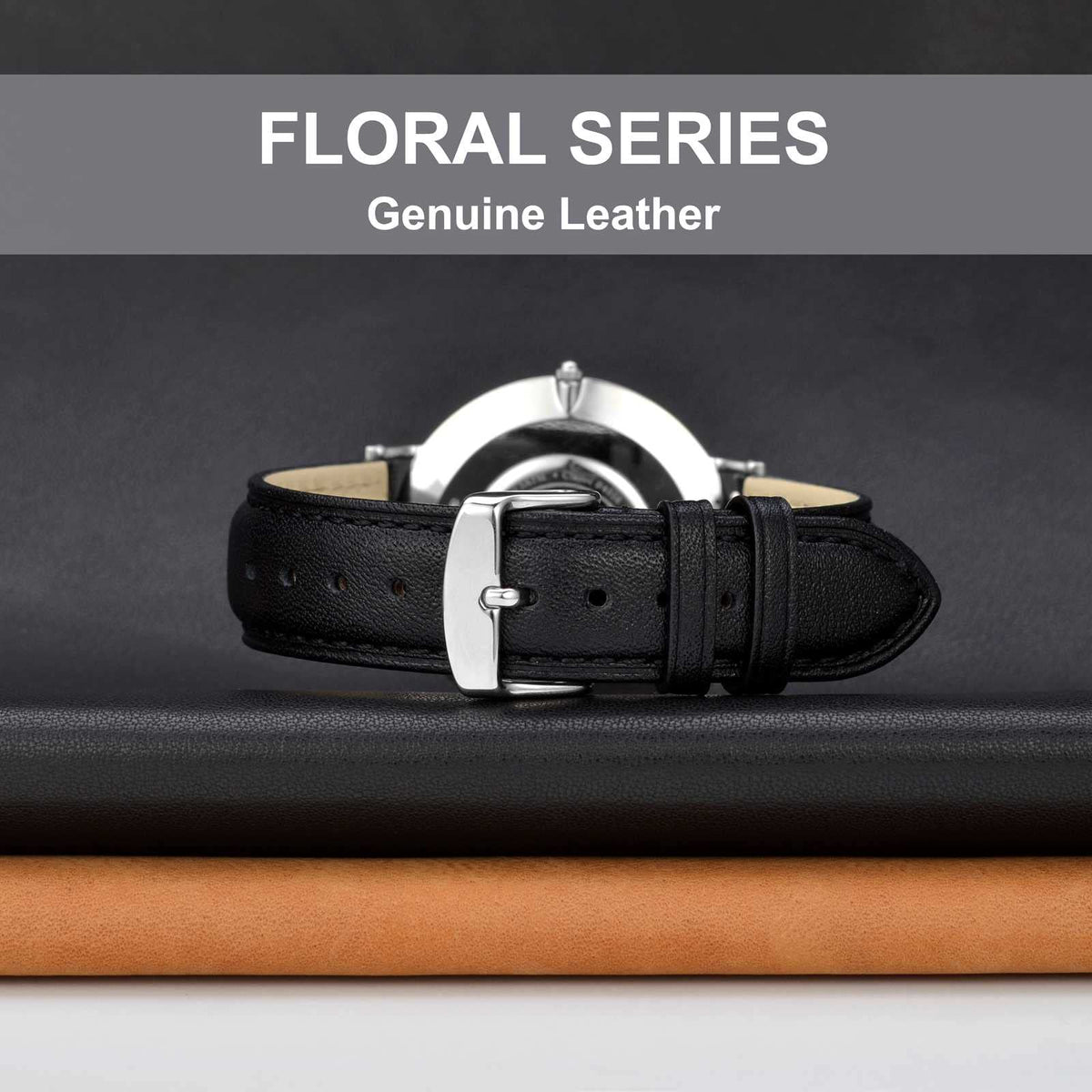 WOCCI 20mm Flower Watch Band for Women and Men, Genuine Leather, Quick Release Strap, Silver Buckle (Black)