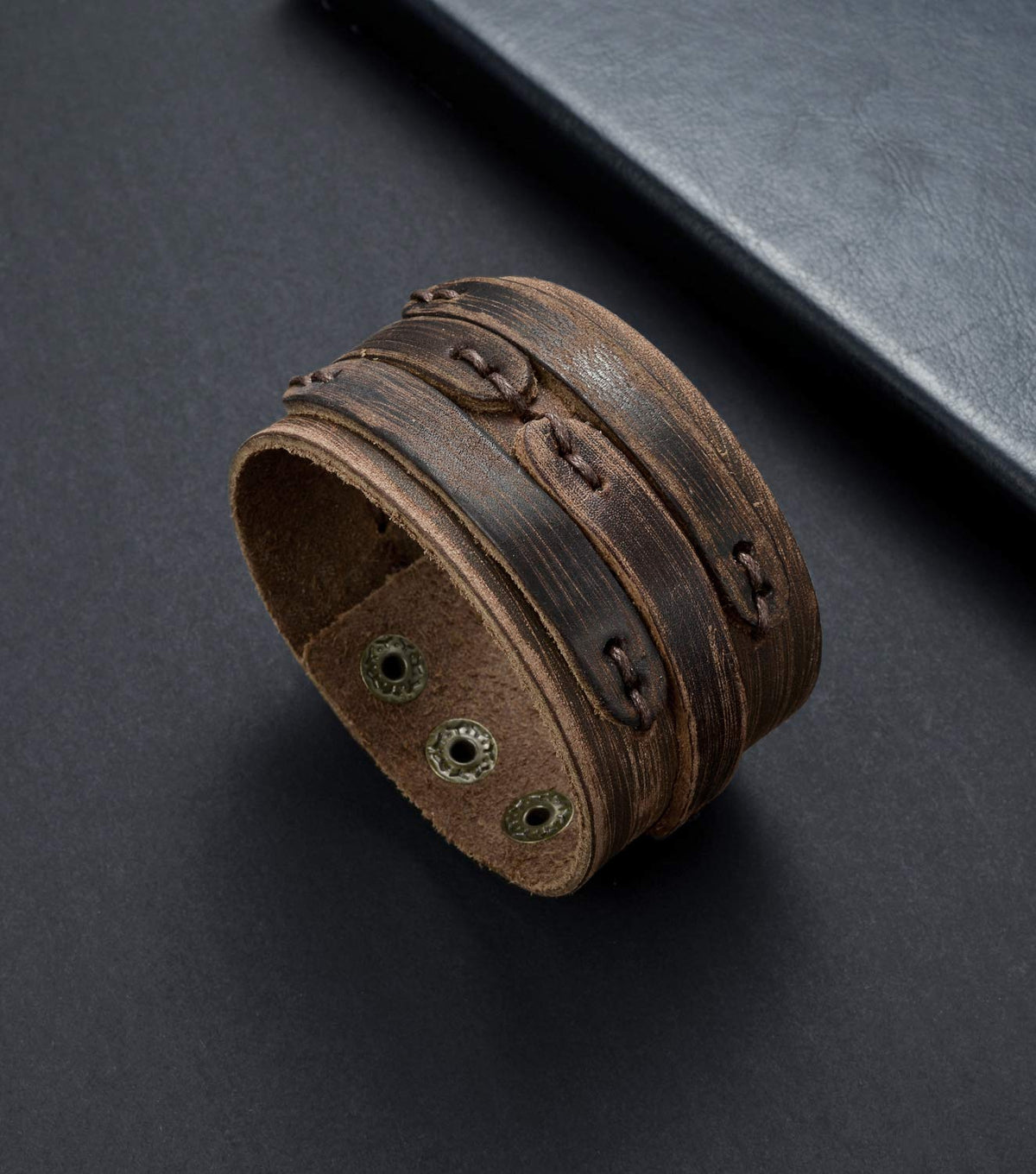 Tornito 3Pcs Genuine Leather Bracelet Braided Biker Cuff Strap Punk Wide Belt Bangle Wristband For Women Men Black Brown Size Adjustable