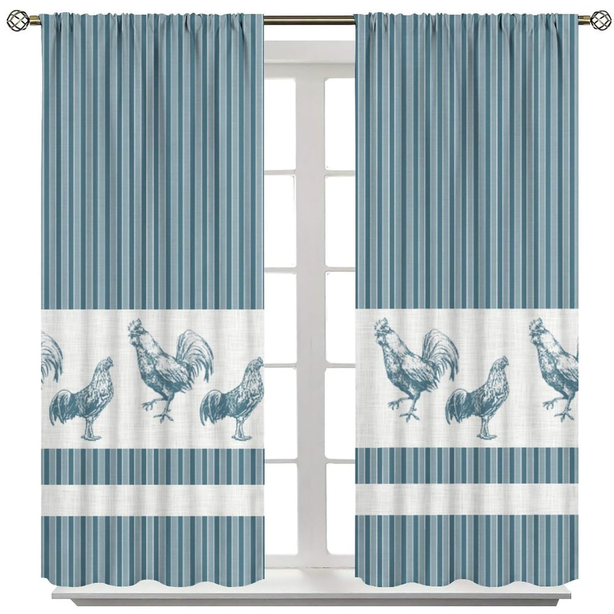 DDCBNS Chicken Kitchen Curtains,Rustic Rooster Pattern Stripe Modern Concise Design Window Treatments for Café Kitchen Rod Pocket Home Décor Drapes 2 Panel Sets Total Size 42" x 45" Blue