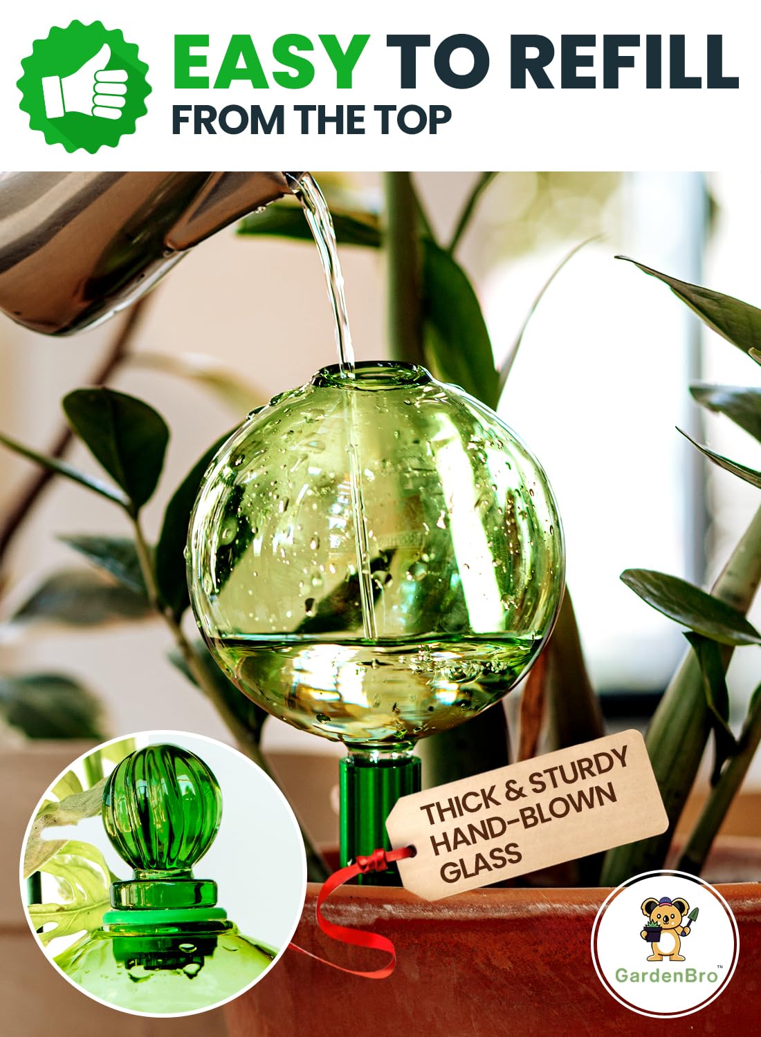 16 Oz Plant Watering Globes for Indoor Plants with Metal Self Watering Planter Insert - Premium XL Glass Hand-Blown Globe - Automatic Plant Waterer Indoor, Gift Idea for Gardeners [1 Globe, Green]