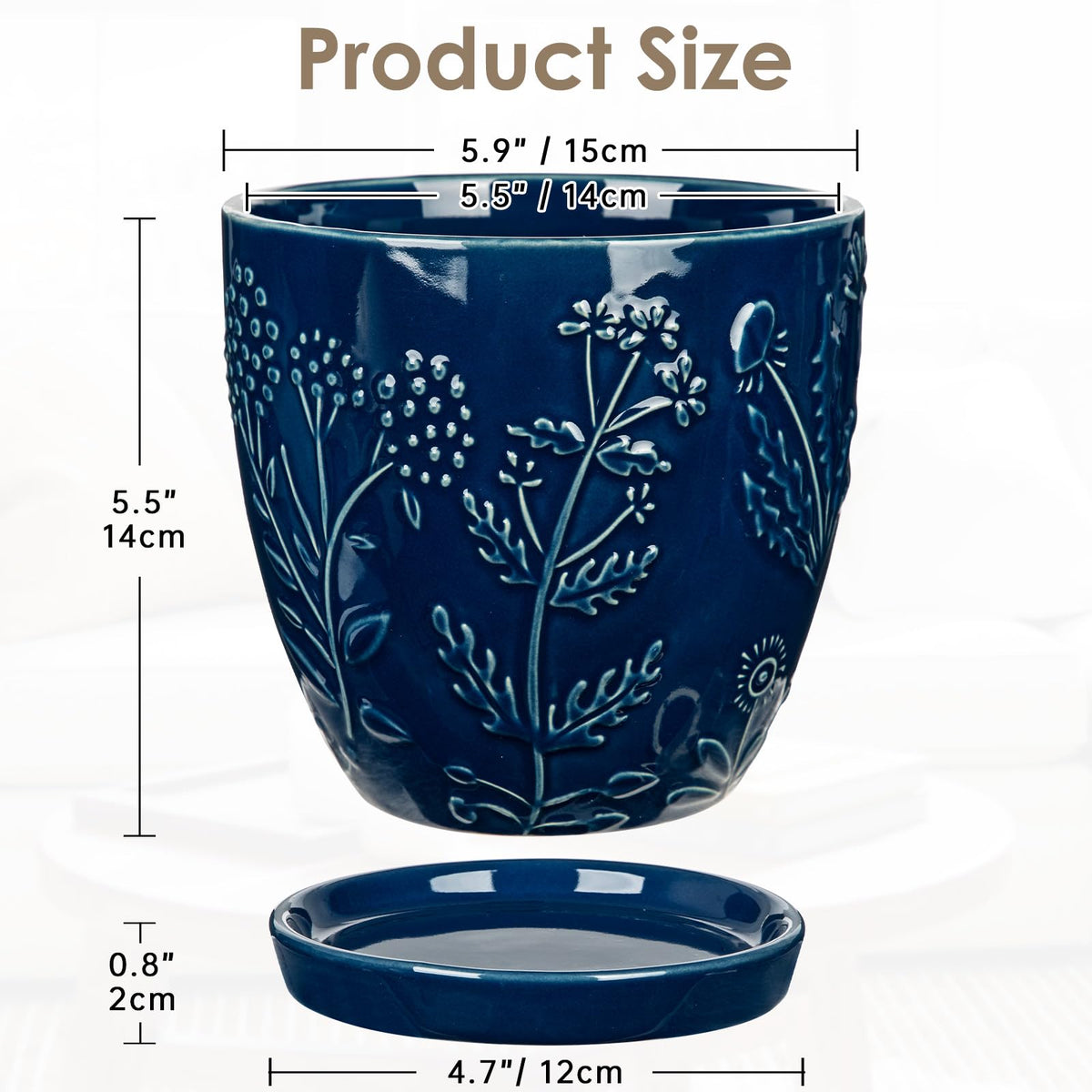 Hollyone 6 Inch Blue Ceramic Planter Flower Plant Pot with Drainage Hole and Saucer for Plants Embossed Indoor Outdoor Garden Embossed Ceramic Glazed Round Pot for Succulent Orchid Floral Pattern