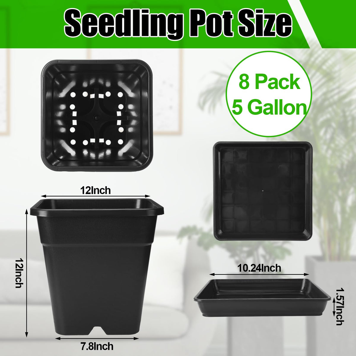 RimCereal 8 Pack 5 Gallon Large Square Nursery Pots 12 Inch with Drainage Saucers Black Plastic Plants Pots Outdoor Garden Planter Container for Indoor Outdoor Vegetables Flower Succulent Gifts