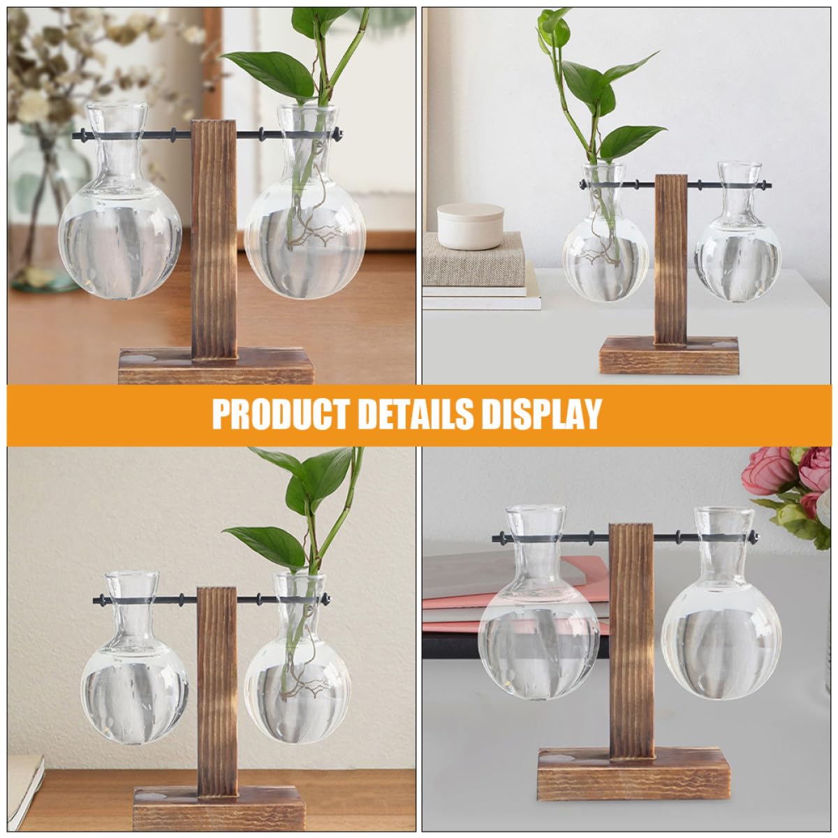 Gatuida 3Pcs Glass Propagation Planter with Wooden Stand, High Borosilicate Glass Vase for Hydroponic Plants, Desktop Terrarium Flower Vase with Hole for Home Décor