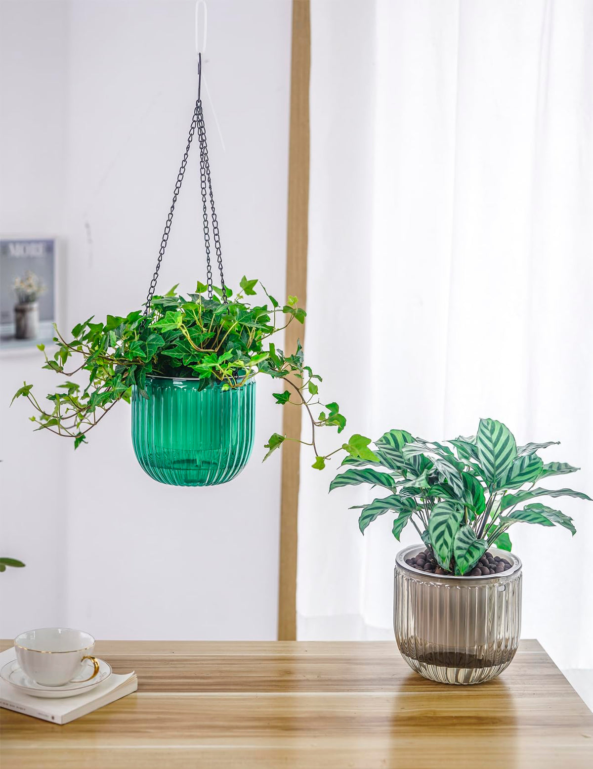Melphoe 2 Pack Self Watering Hanging Planters Indoor Flower Pots, 6.5 Inch Outdoor Hanging Plant Basket, Hanger with 3Hooks Drainage Holes for Garden Home (Emerald + Gray)