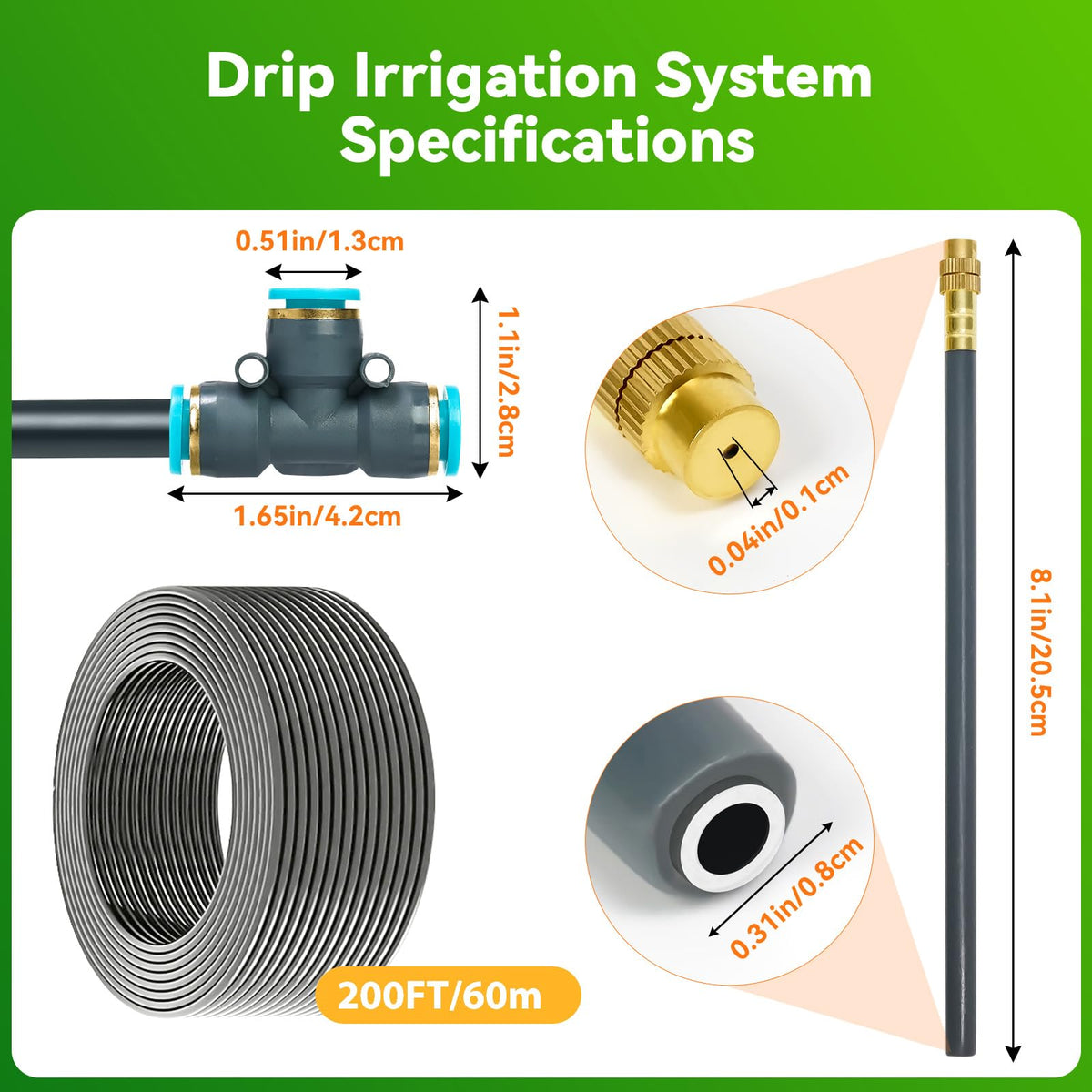 360°Adjustable Drip Irrigation System 200FT,5/16" Extra Long Garden Watering Kit with 32 Copper Nozzles,141Pcs Drip Irrigation Kit，Automatic Atomizing Plant Sprinkler for Large Yard, Greenhouse, Lawn